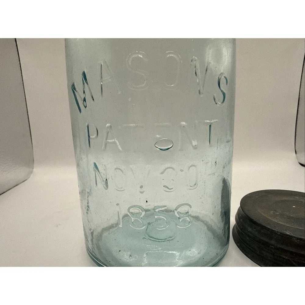 Old Mason's Patent Nov 30th 1858 Green 1 Quart Antique Canning Jar Zinc Lid #8‎